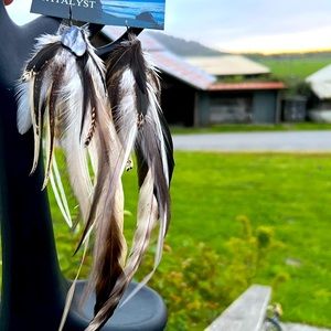 Abalone Cream Grizzly Feather Leather Earrings XXL One of a Kind